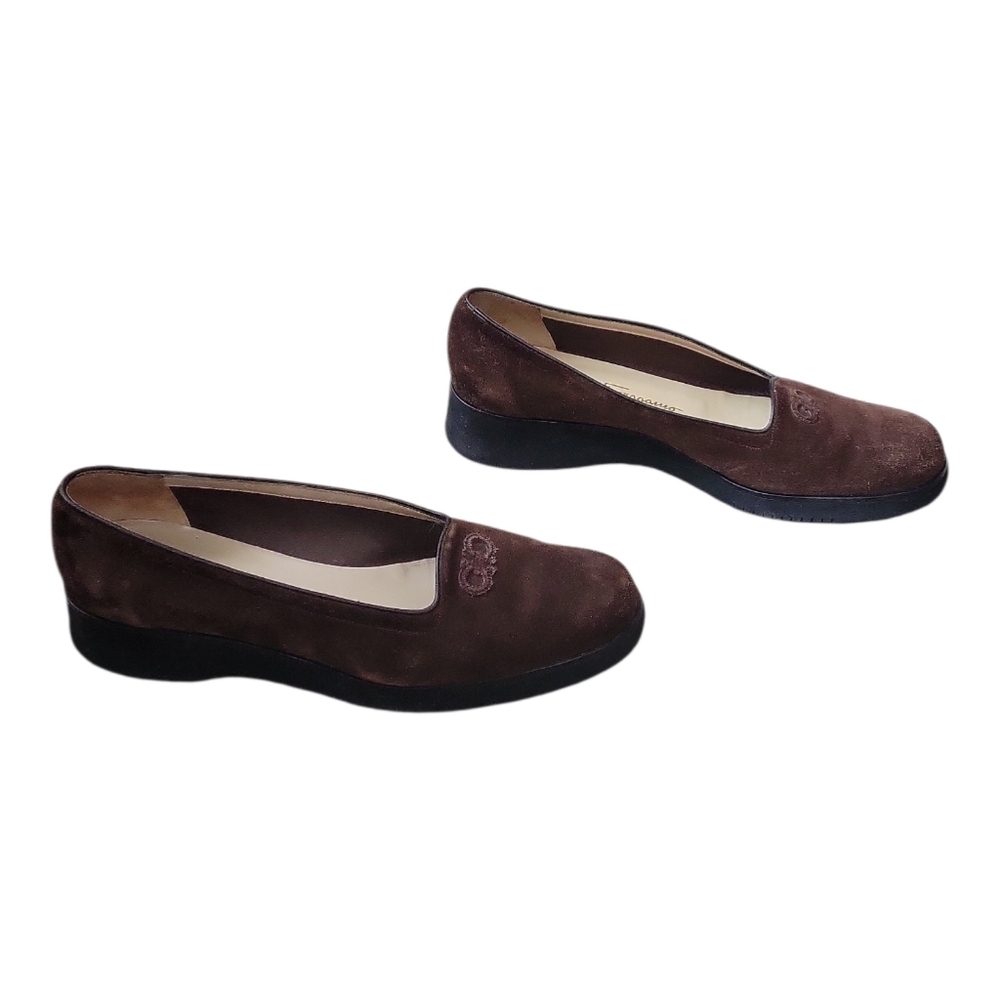 Salvatore Ferragamo Stitched Gancini Bit Wedge Loafer in Brown Suede - Picture 3 of 9